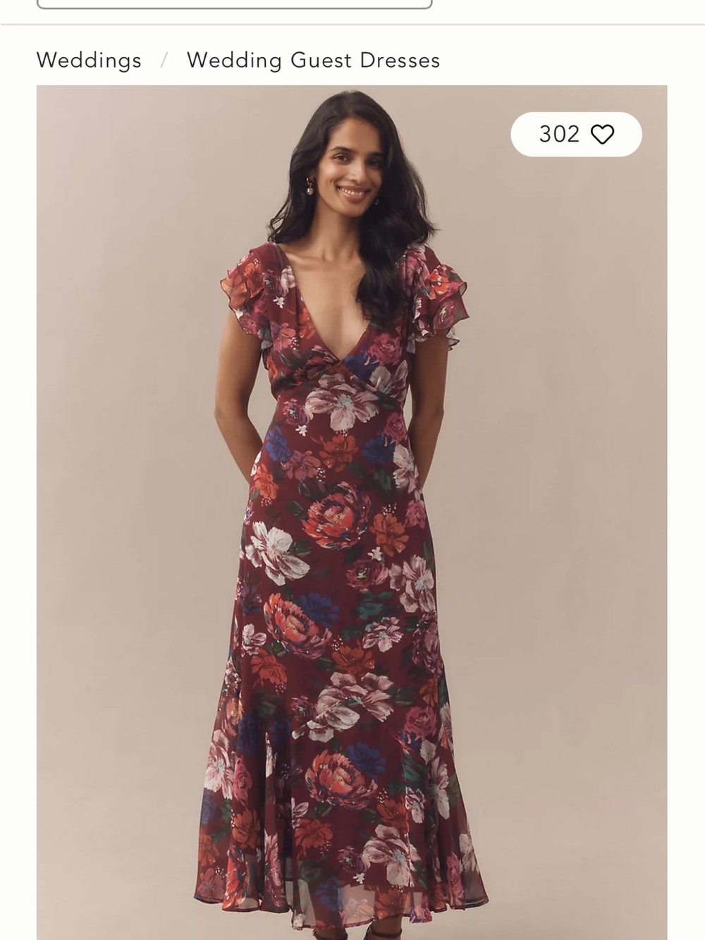 Anthropologie Burgundy Floral V-Neck Ruffle Sleeve Maxi Dress